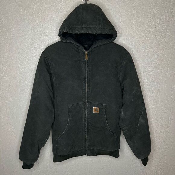 VTG Carhartt J130 Moss Green Zip Up Hooded Work Jacket Size XL 14/16 Youth - Picture 2 of 5